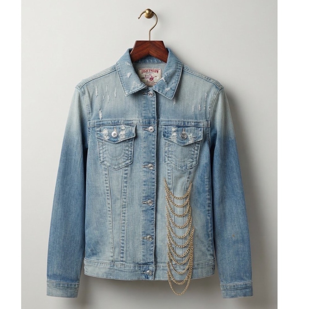 True Religion Distressed Light Wash Denim Trucker Jacket Gold Chain Fringe S